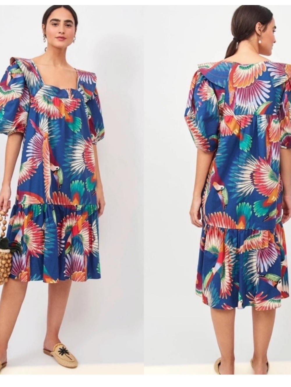 Farm Rio Blue Tropical Toucan Print Puff-Sleeve Midi Dress